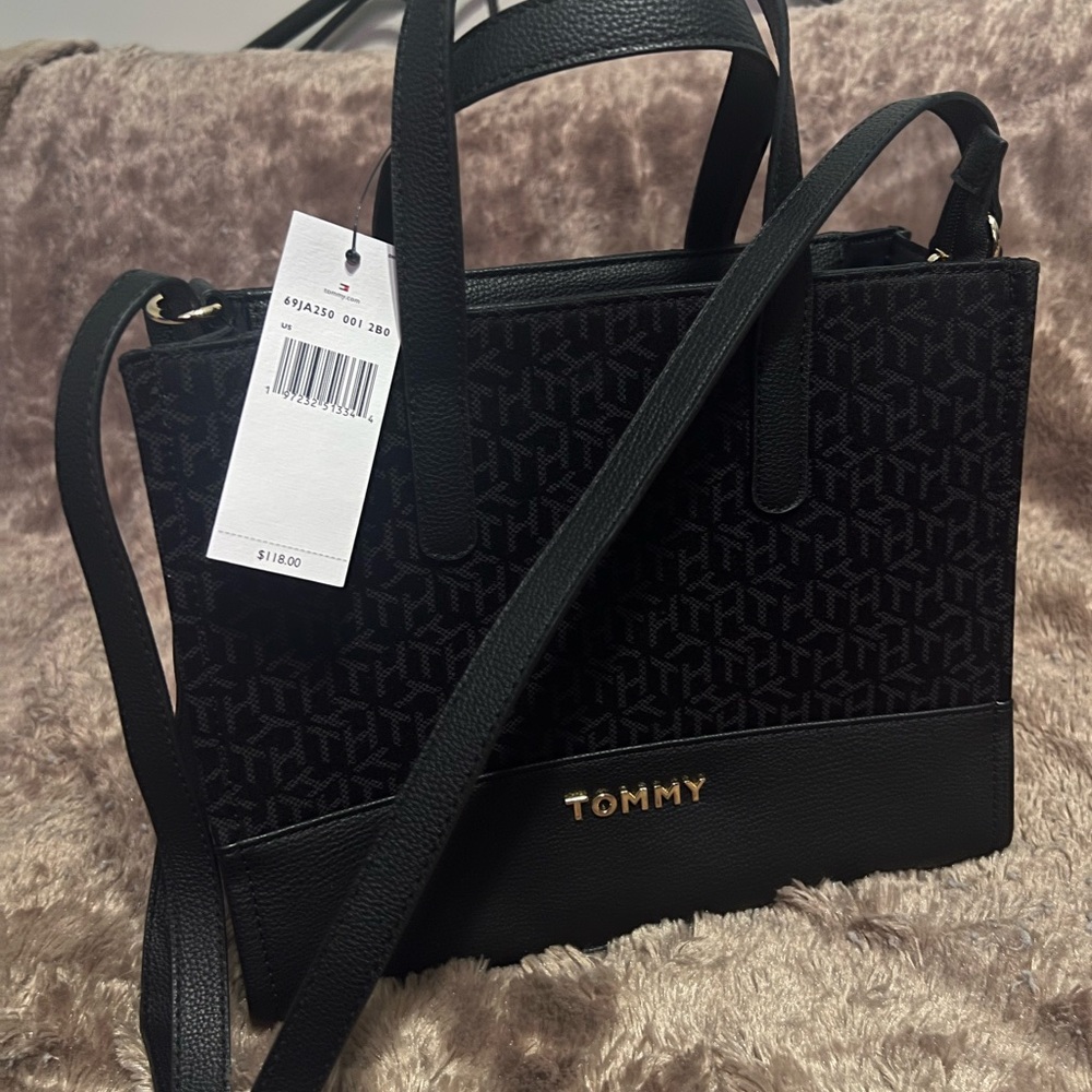 Tommy Hilfiger Black Logo Leather-Trim Tote
